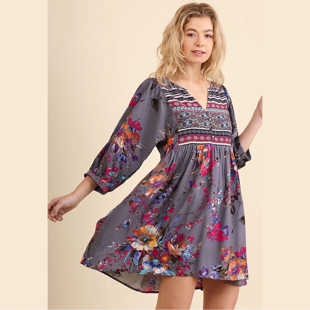 Umgee Purple Floral Paisley 3/4 Sleeve Tunic Dress, Flowy, Boho Chic, Gypsy, L